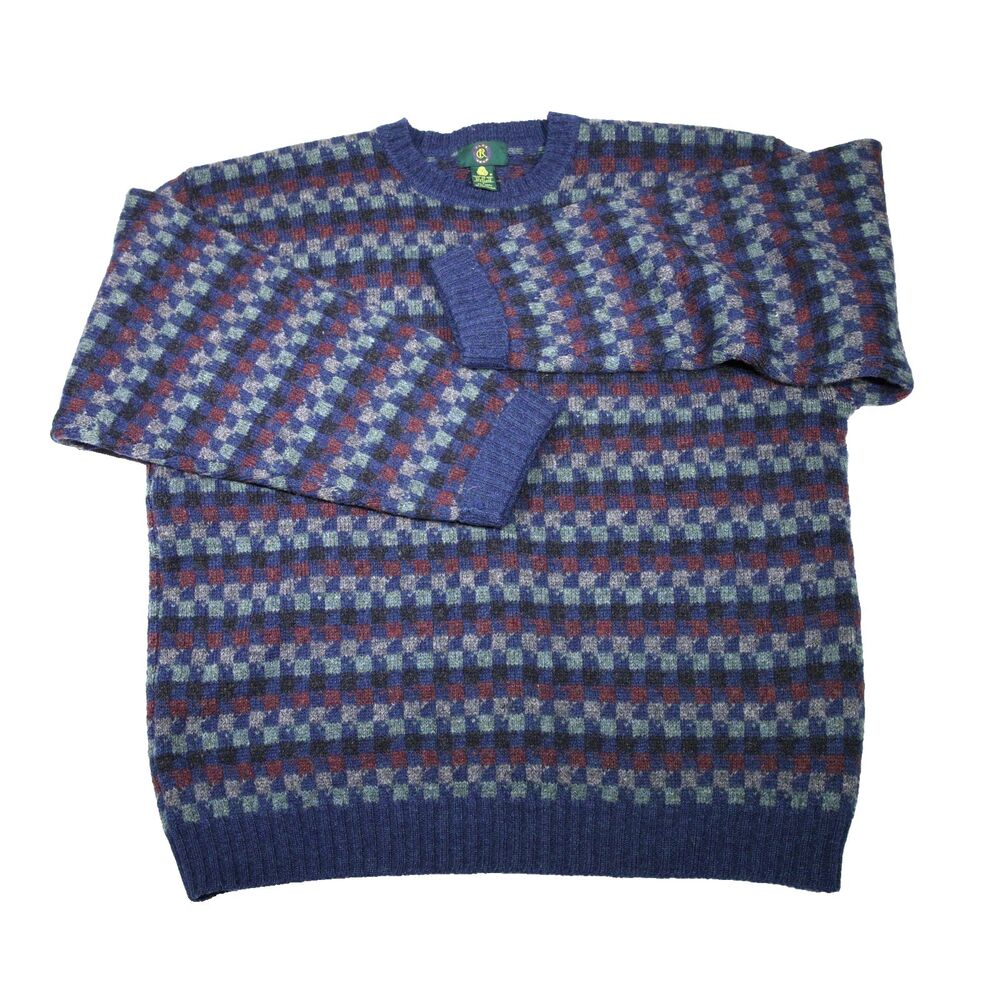 VTG Club Room Sweater Men L Shetland Wool Fair Isle Check Blue Grandpa Thick